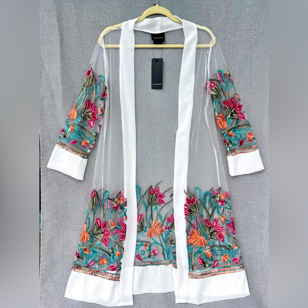 LIV LOS ANGELES Mesh duster swim cover up embroidered floral white size S